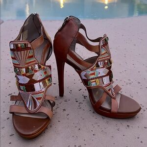 BCBGeneration Boho Embroidered Brown High Heels